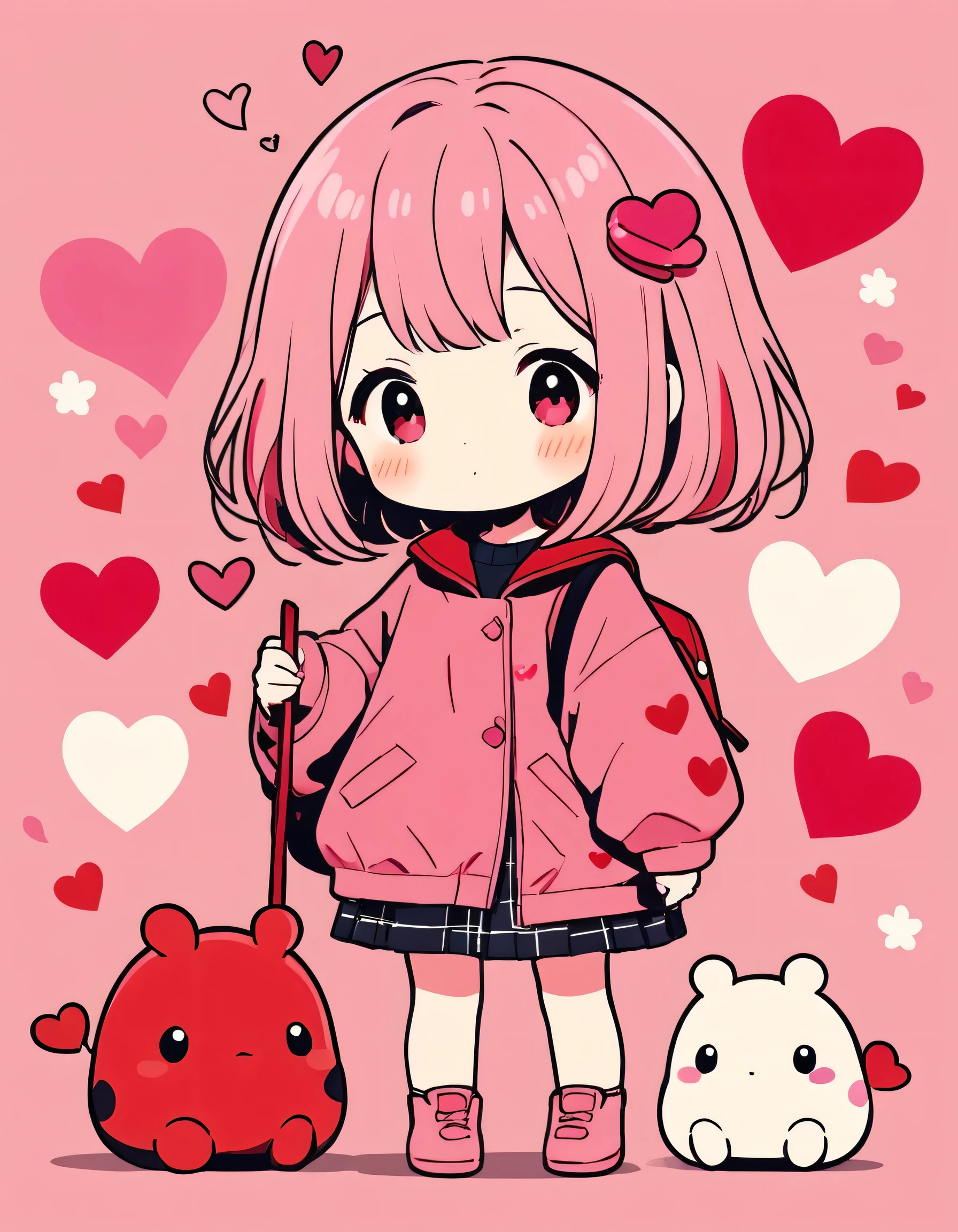 Momoko Sakura pink and Red style, Simple Line Initialism,Abstract art,Kawaii Design, The most beautiful girl of all time、chibi, (((Cute pillbugs))), colorful hearts