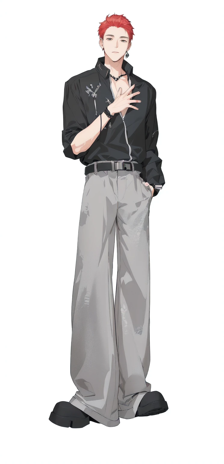 Red hair、Black shirt、Anime boy in gray pants, !!Full body portrait!!, anime Full body illustration, Full body portrait, Full body illustration, Single character full body, character Full body portrait, Full body portrait, detailed Full body portrait, Full body portrait, The whole body is rich in detail, Full body portrait of a short!, Full body single character