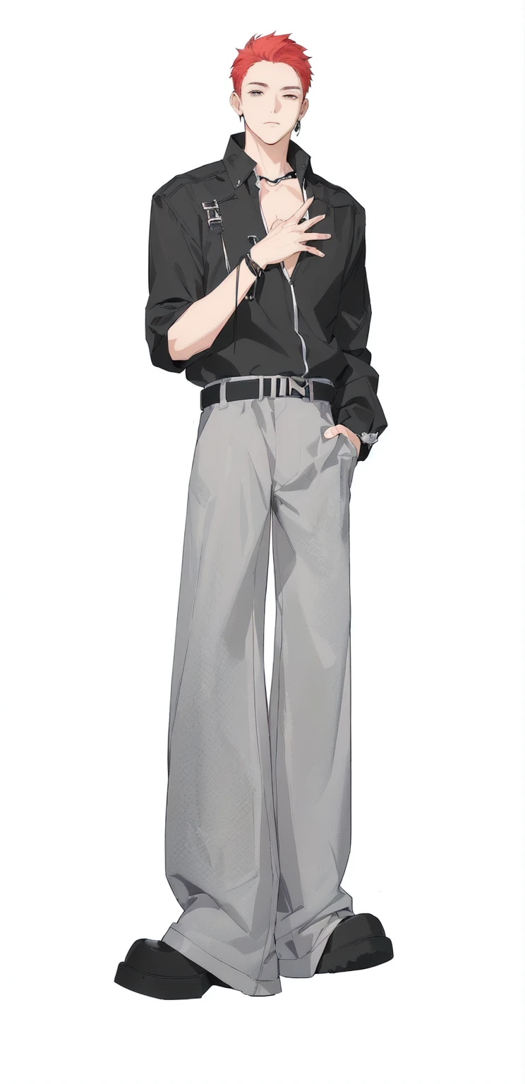 Red hair、Black shirt、Anime boy in gray pants, !!Full body portrait!!, anime Full body illustration, Full body portrait, Full body illustration, Single character full body, character Full body portrait, Full body portrait, detailed Full body portrait, Full body portrait, The whole body is rich in detail, Full body portrait of a short!, Full body single character