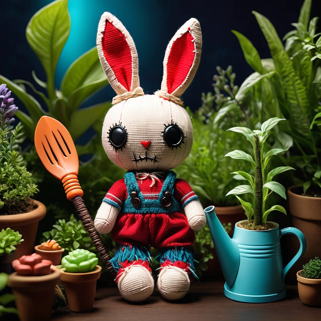 (knitted toy voodoo doll:1.8), (Voodoo Rabbit Gardening:1.3), (Clothing: gardening outfit with magical plant patterns:1.0), (Accessories: enchanted gardening tools, glowing watering can, mystical garden gnome:1.2), (background: garden with floating, glowing plants and soft hopping:1.2), best quality, masterpiece, detailed soft oil painting, detailed background, dramatic cinematic lighting, soft edge lighting, professional, dramatic lighting, hard edge lighting, ultra quality, 4k, masterpiece, best quality, 8k, ultra high definition, high resolution, extremely detailed