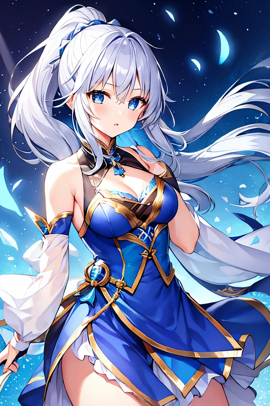 1 girl、Silver Hair、ponytail、Fantasy Clothing、Blue Dancer's Outfit、Purple decoration、accessories、(Expose、Bigger breasts)、