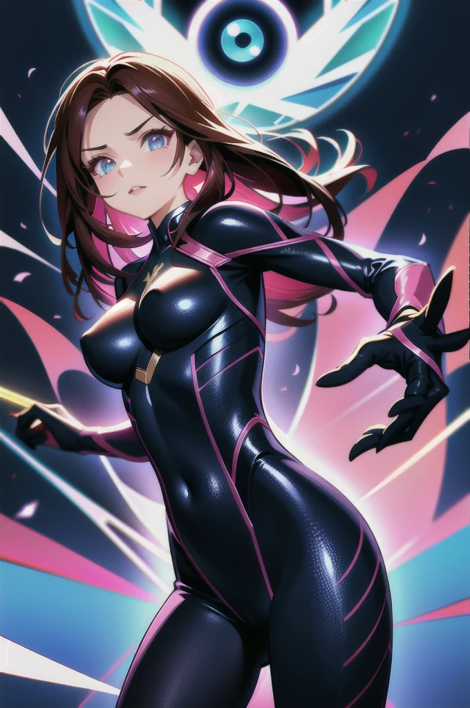 liang xing style a Natasha Romanoff bright winter clothes holds in her hands a glass vessel with energy eye in it, the folhas negras glow with a magical blue light, an aura of pink neon darck magic, the dark petalas de rosas style, pronounced lines of the design, an atmosphere of mysticism, concept art, soft, sharp focus, illustration, , high definition digital art, dramatic lighting, high quality ,(action pose ),pronounced contour pattern