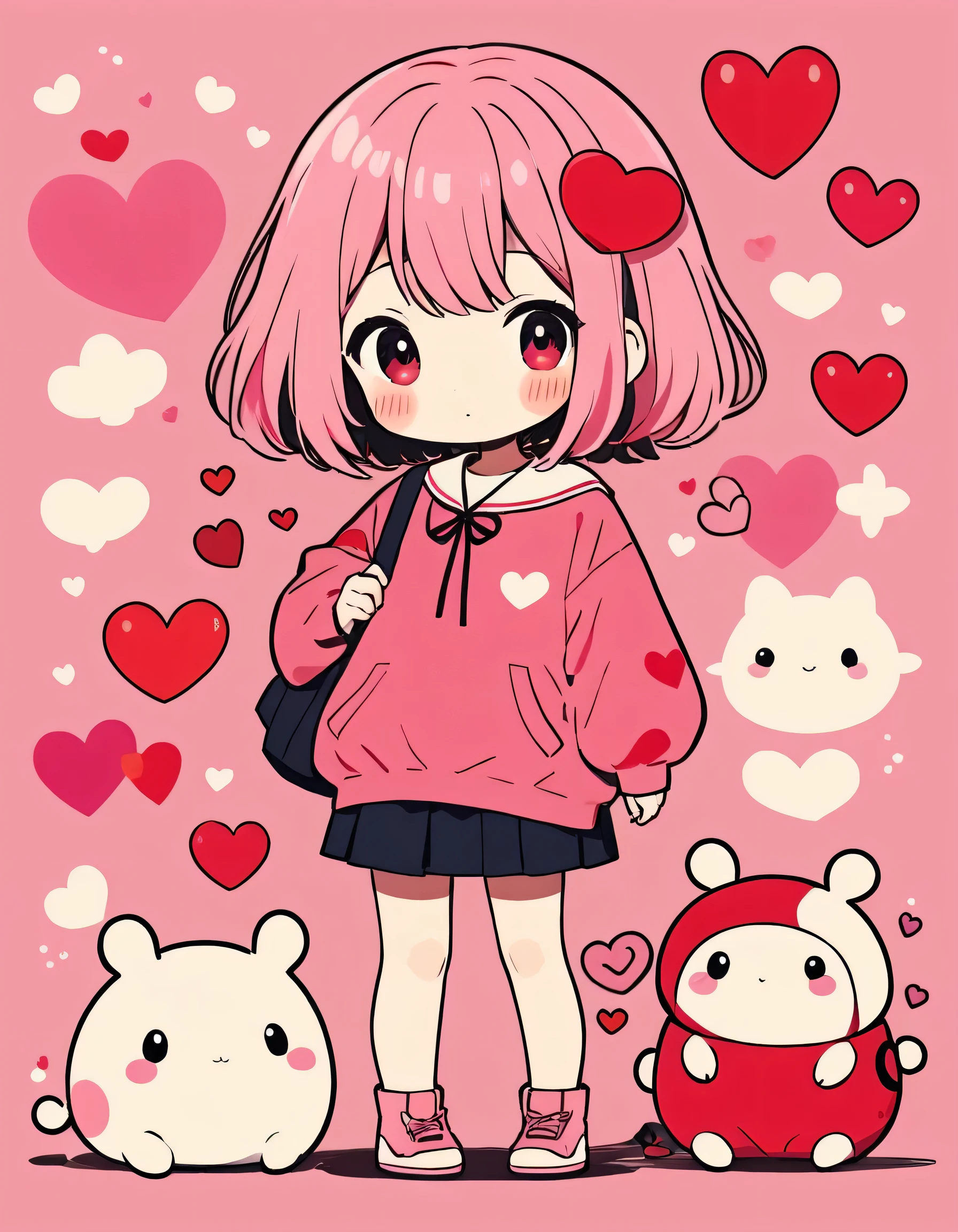 Momoko Sakura pink and Red style, Simple Line Initialism,Abstract art,Kawaii Design, The most beautiful girl of all time、chibi, (((Cute pillbugs))), colorful hearts