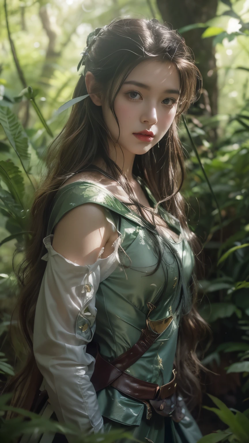 Create a hyper-realistic, enchanting image of a beautiful young woman (look forward) with long, flowing gray hair, wearing robin hood style clothes. She mysterious squat pose in a mystical forest, surrounded by a magical, serene atmosphere. Beside her, a majestic xbow robin hood. The forest is filled with lush greenery, blooming flowers, and soft, ethereal light filtering through the trees, creating a dreamy and fairytale-like setting. The woman's gentle expression, add to the enchanting mood of the scene.