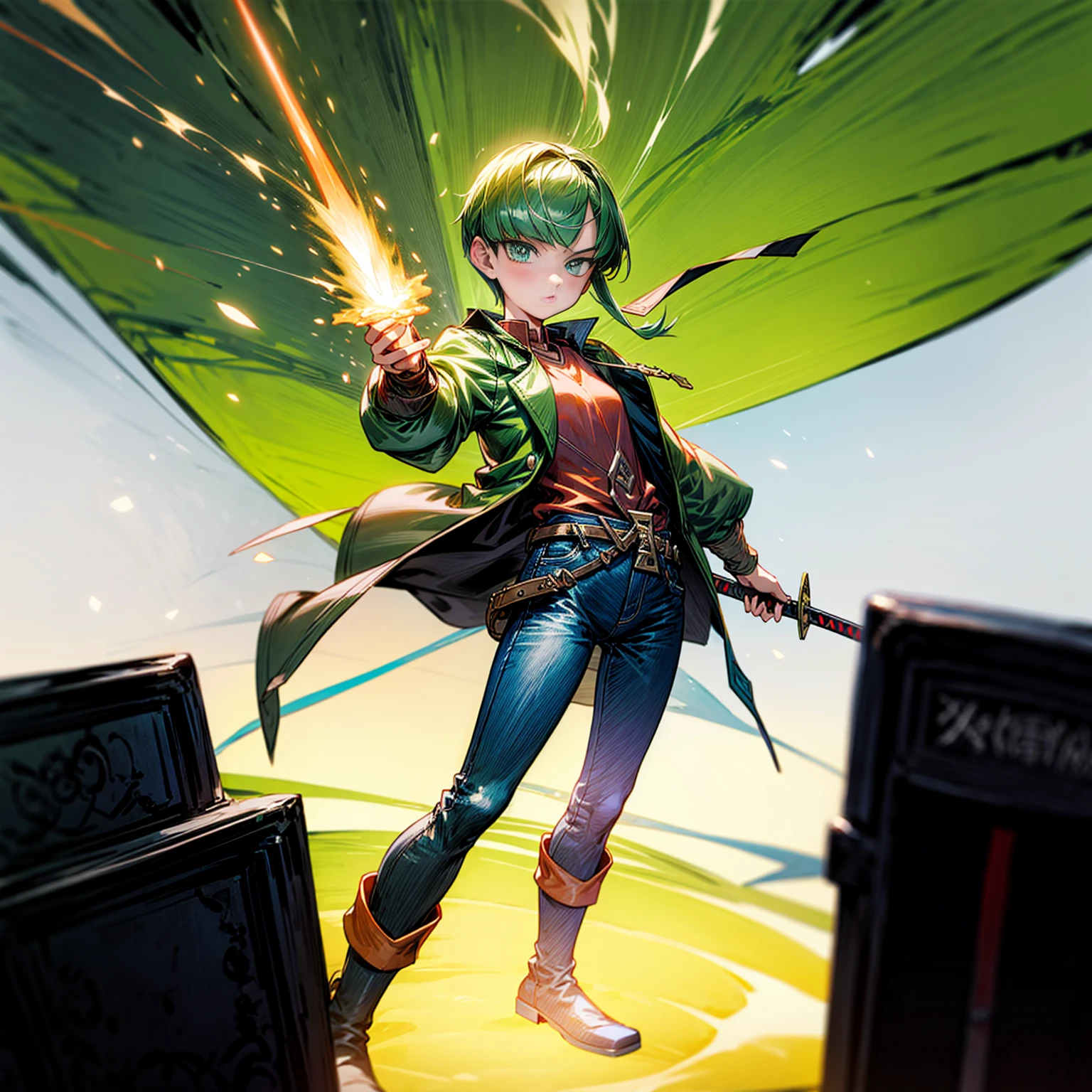 1girl, Full body version, 1character, green eyes, short haircut, green color hair, soldier style clothing, red colour clothing, jacket, jeans, boots, Grassroots, background street city, motion blur, (detective conan style art), standing gesture, fire sword in hand, fire effect on sword, smoke effect, fire street, plasma effect, aura, lighting fire on sword,
