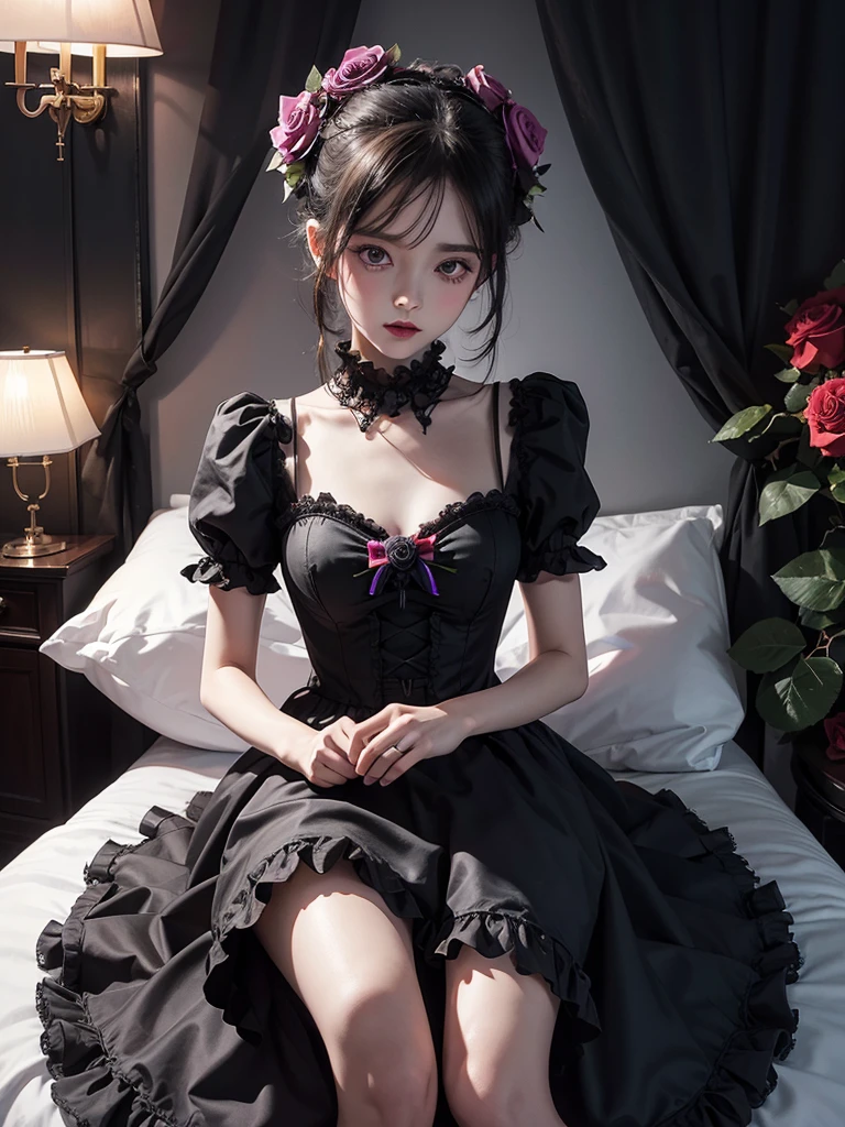 masterpiece, best quality,1girl,GothGal,frilly dress 8k,highres, (rose flower_styler:1.2)(rainbow-candy:1.2)Night room