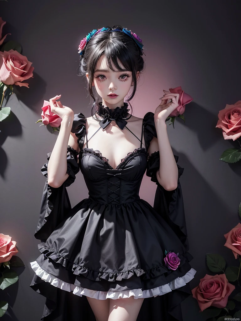 masterpiece, best quality,1girl,GothGal,frilly dress 8k,highres, (rose flower_styler:1.2)(rainbow-candy:1.2)Night room