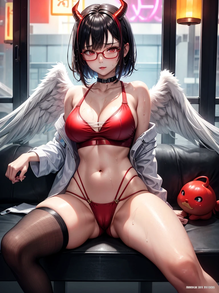 Beautiful girl,Korea, sitting among red light neon,
 18 years old,Short hair, shoulder length,black hair, medium breasts,wet, sweat, camel toe, red lips ,Wear glasses,
White underwear, sexy pose,
 red eyes, spread your legs, กางเกงใน girl, baby face,
Two horns and a red demon tail, slim, angel wings,