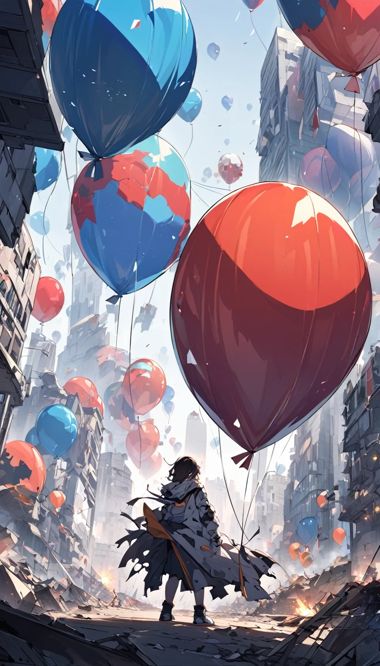 In a war-torn futuristic city, a person covered in remnants of a burst giant futuristic balloon, looking disheveled and comical,The background is a game world in the middle of a battle, a futuristic city is about to be destroyed.