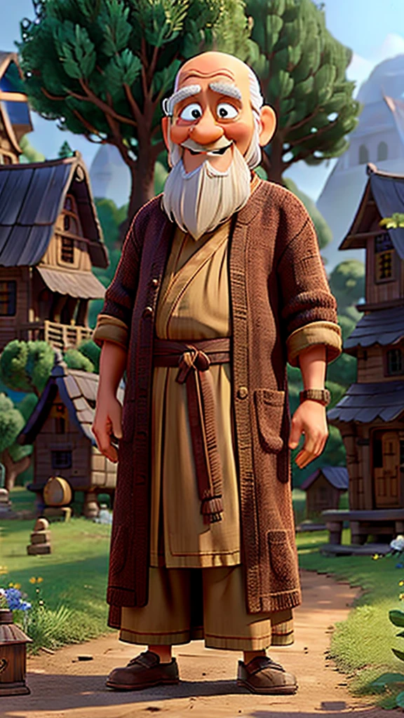 An old monk having a wooden box in a village scene surrounded by trees and houses realistic Disney Pixar cartoon 3D 8k HD