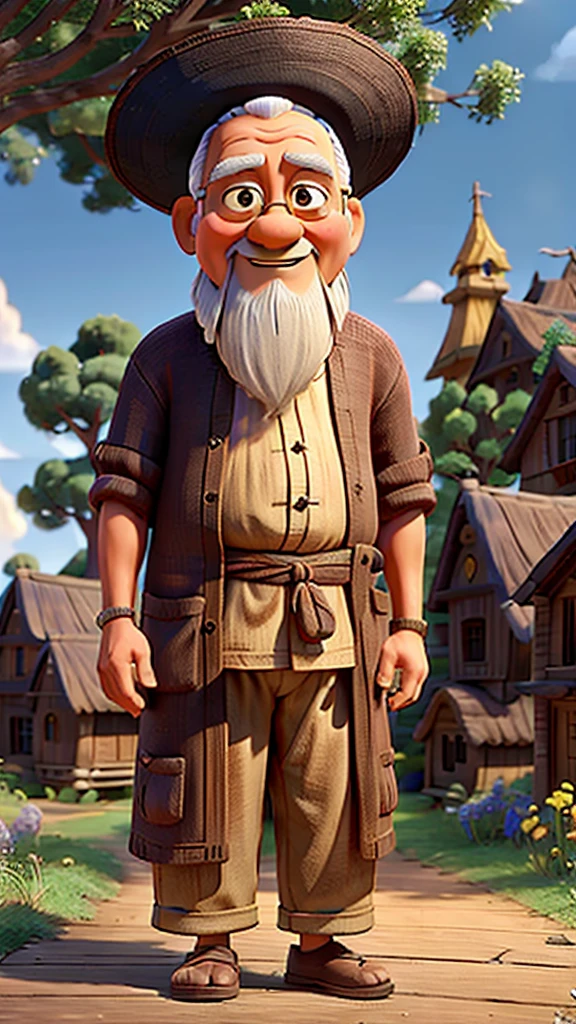 An old monk having a wooden box in a village scene surrounded by trees and houses realistic Disney Pixar cartoon 3D 8k HD