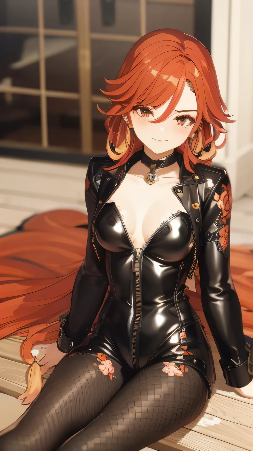 In the Rec Room, my The Almighty girl (, Red hair,Small Breasts,) Sitting on a stuffed animal, Leather jumpsuit (Bow and line, Ribbon, Floral) Happy moments, , The Almighty , Black fishnet tights , There are some traditional Japanese tattoos