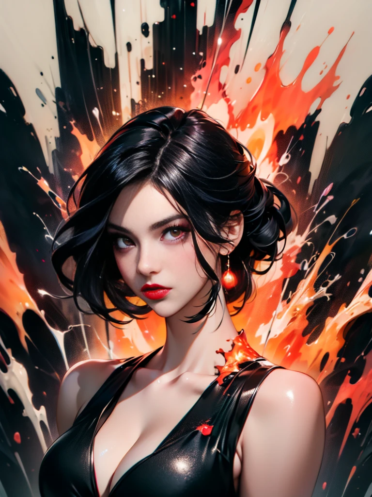 masterpiece, Best quality, ultra high resolution, Beautiful, elegant, Elegant, Award-winning art, 1 girl , portrait, half naked, (style Yuko Shimizu:1.1), (abstract art:1.2), Red lips, Silent man in chaodel pose at fashion show, style by Rebecca Guy, black hair, red fire , enveloped in flames, dark theme, Visually stunning, fabulous