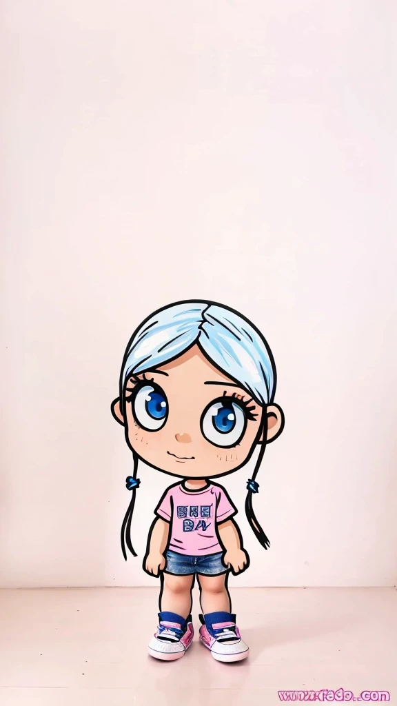 Make her a realistic real life look alike photo. Cute Standing Kid who is around , having big blue eye but white long hair, with pink tshirt (pretty is written on her tshirt) and she is wearing shorts jeans which is only above knee and black shoes with white stripe on the side