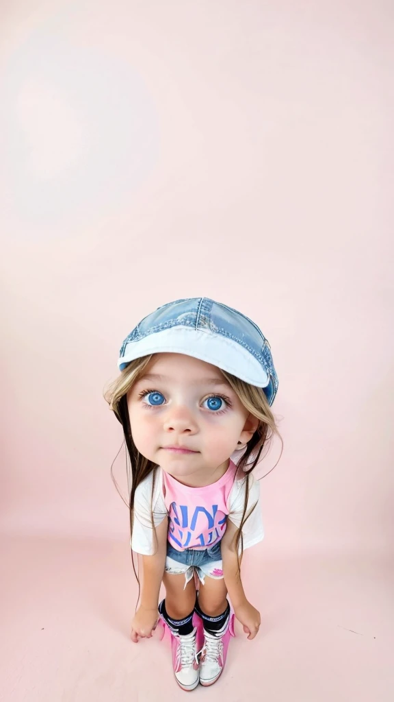 Make her a realistic real life look alike photo. Cute Standing Kid who is around , having big blue eye but white long hair, with pink tshirt (pretty is written on her tshirt) and she is wearing shorts jeans which is only above knee and black shoes with white stripe on the side