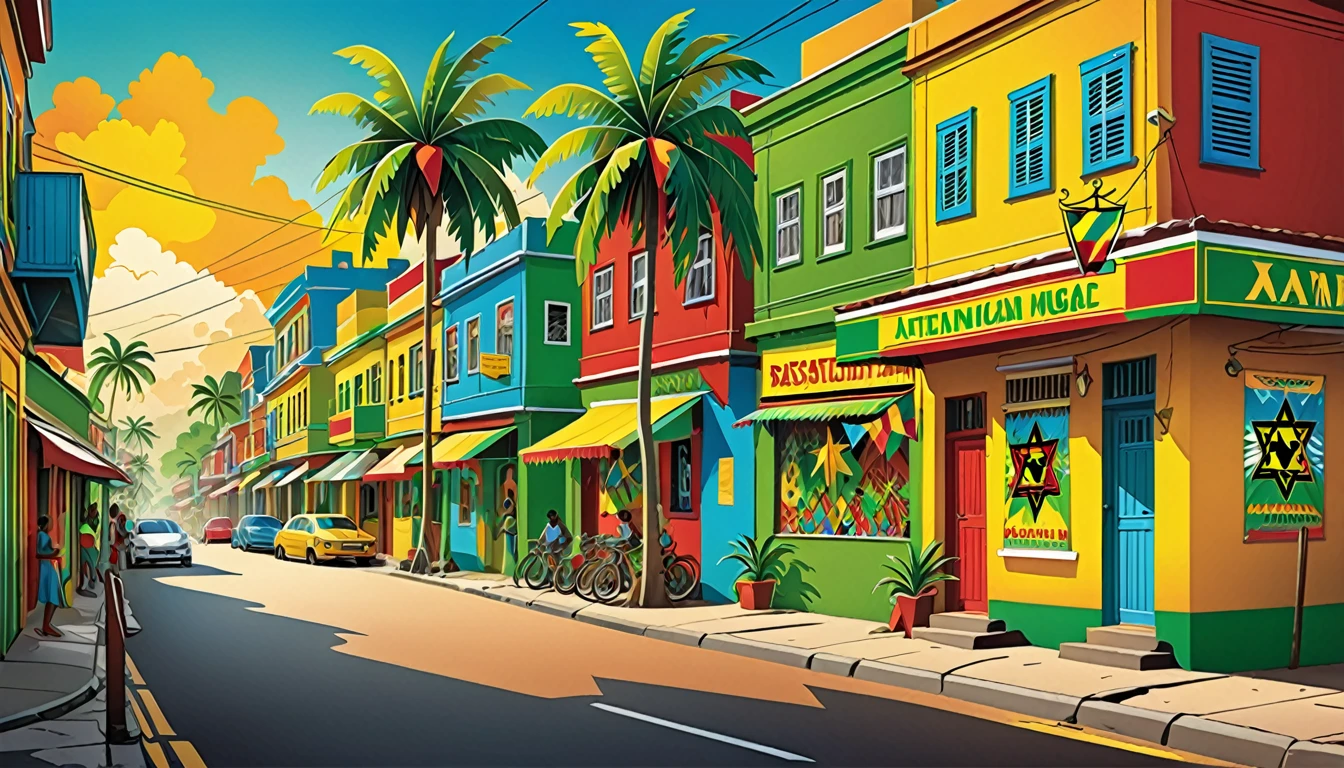 Vector art, Lots of Jamaican Reggae, Authentic Jamaican reggae music atmosphere, Chic colors,Attention to detail,
Streetscape,Shield of David,Rastafarian,Full raster color,Palm tree