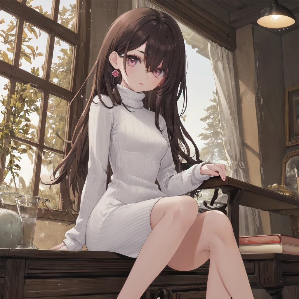 ((1 girl), human), (full body), ((Masterpiece, high quality, HD, High Details)), Slender Breasts ((Smaller in width, often longer in length)), (Background: Winter, inside, room, Sitting with legs crossed), Eyes: Oval-shaped, dark brown, Nose: Small and flat, Lips: Medium, natural pink, Hair: Long, straight, dark brown, Skin Tone: Light tan with a warm undertone, Eyebrows: Thin and gently arched, Cheekbones: Subtle and rounded, Chin: Rounded, Ears: Small and close to the head, Expression: Kind and gentle, wearing (Turtleneck sweater dress).
