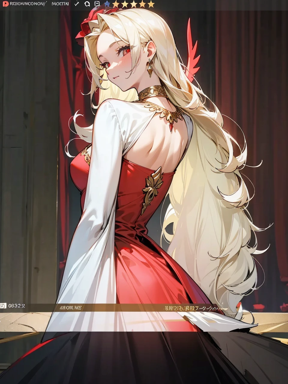 Add in roses to her dress, a good back dress design with some golden jewelry, make her dress into a red and white gown with a hat, give her some unique Jewelry, and make her look somewhat of a demonic angel like appearance to her