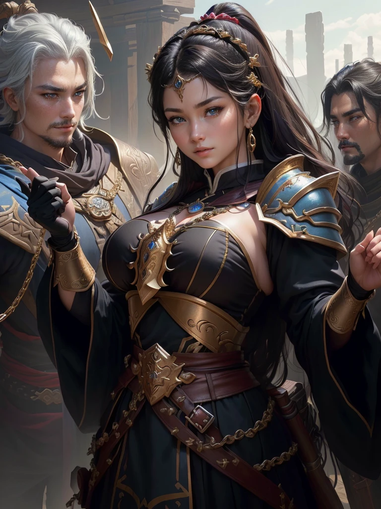 a close up of a woman in a costume holding a chain, smirking male bard, picture of a male cleric, rogue bard, inspired by Fan Kuan, inspired by Li Kan, an epic majestical degen trader, inspired by Huang Ding, arsen lupin as a paladin, inspired by Cao Zhibai, bian lian, inspired by Huang Shen, Highly detailed CG unit 8k wallpaper, masterpiece, High resolution, highest quality, highest quality real texture skin, Super Real, Digital Painting, Best image quality, 最High resolution, 8k, (((Highly detailed eyes and face, Beautiful eyes every detail))), disproportionate breasts, huge breasts, sagging breasts, gigantic breasts, black hair,