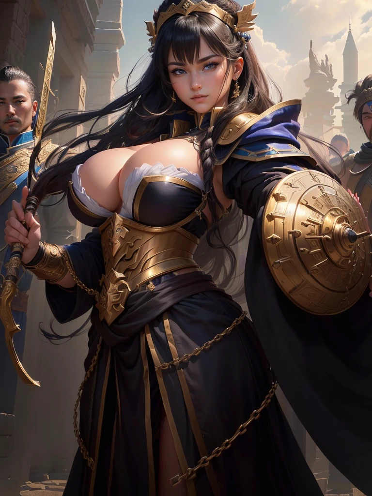 a close up of a woman in a costume holding a chain, smirking male bard, picture of a male cleric, rogue bard, inspired by Fan Kuan, inspired by Li Kan, an epic majestical degen trader, inspired by Huang Ding, arsen lupin as a paladin, inspired by Cao Zhibai, bian lian, inspired by Huang Shen, Highly detailed CG unit 8k wallpaper, masterpiece, High resolution, highest quality, highest quality real texture skin, Super Real, Digital Painting, Best image quality, 最High resolution, 8k, (((Highly detailed eyes and face, Beautiful eyes every detail))), disproportionate breasts, huge breasts, sagging breasts, gigantic breasts, black hair,
