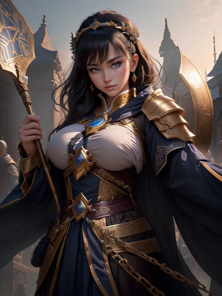 a close up of a woman in a costume holding a chain, smirking male bard, picture of a male cleric, rogue bard, inspired by Fan Kuan, inspired by Li Kan, an epic majestical degen trader, inspired by Huang Ding, arsen lupin as a paladin, inspired by Cao Zhibai, bian lian, inspired by Huang Shen, Highly detailed CG unit 8k wallpaper, masterpiece, High resolution, highest quality, highest quality real texture skin, Super Real, Digital Painting, Best image quality, 最High resolution, 8k, (((Highly detailed eyes and face, Beautiful eyes every detail))), disproportionate breasts, huge breasts, sagging breasts, gigantic breasts, black hair,