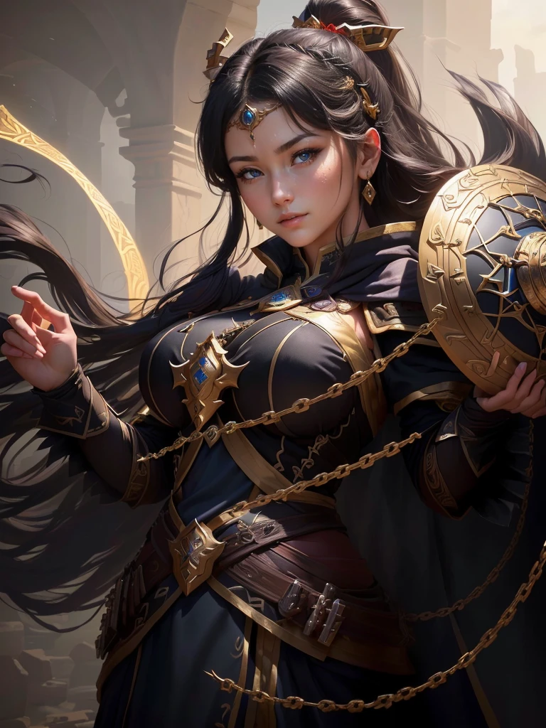 a close up of a woman in a costume holding a chain, smirking male bard, picture of a male cleric, rogue bard, inspired by Fan Kuan, inspired by Li Kan, an epic majestical degen trader, inspired by Huang Ding, arsen lupin as a paladin, inspired by Cao Zhibai, bian lian, inspired by Huang Shen, Highly detailed CG unit 8k wallpaper, masterpiece, High resolution, highest quality, highest quality real texture skin, Super Real, Digital Painting, Best image quality, 最High resolution, 8k, (((Highly detailed eyes and face, Beautiful eyes every detail))), disproportionate breasts, huge breasts, sagging breasts, gigantic breasts, black hair, 
