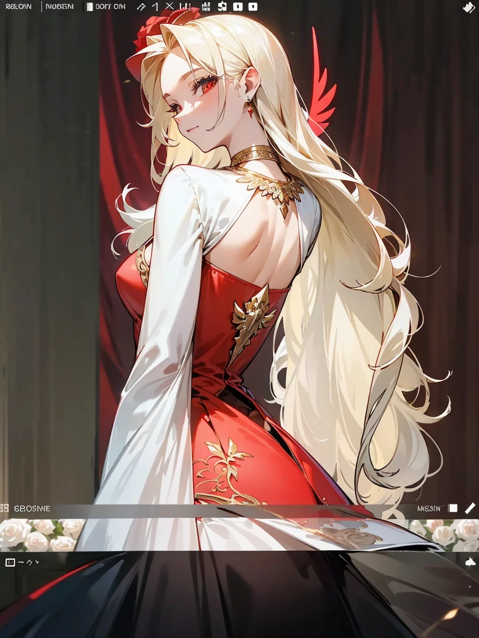 Add in roses to her dress, a good back dress design with some golden jewelry, make her dress into a red and white gown with a hat, give her some unique Jewelry, and make her look somewhat of a demonic angel like appearance to her