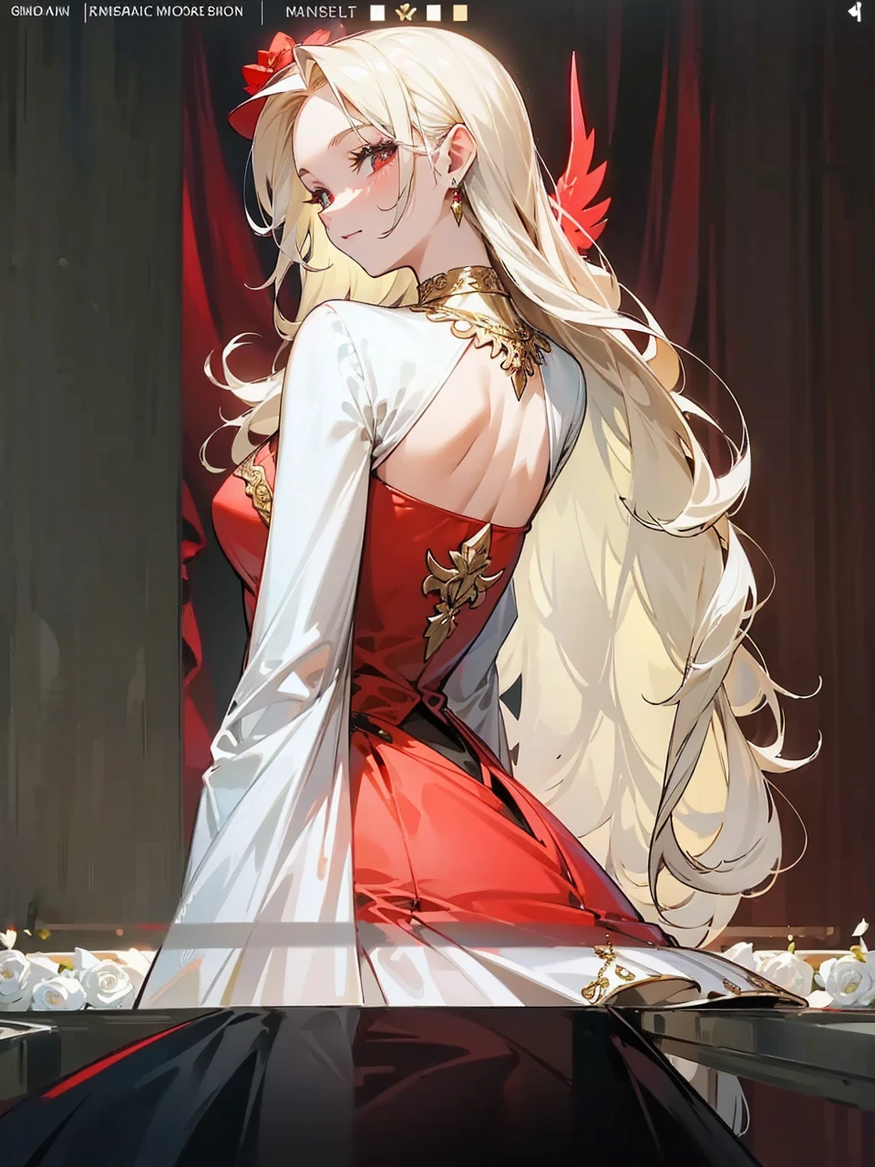 Add in roses to her dress, a good back dress design with some golden jewelry, make her dress into a red and white gown with a hat, give her some unique Jewelry, and make her look somewhat of a demonic angel like appearance to her