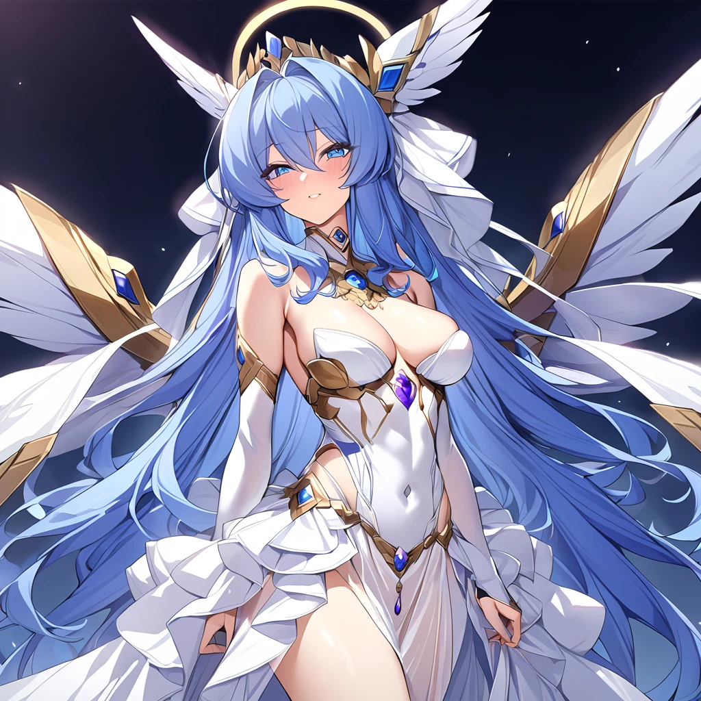 ((Highest quality)), ((masterpiece)), (detailed), (Perfect Face)、Women are angels6Archangel and goddess Extia with wings and a halo on her head.、The woman is the beautiful Queen of the Gods, Goddess Extia, with medium-long blue hair. She is wearing a gorgeous white wedding dress with gold embroidery and trim, a white wedding veil, an engagement ring, and gorgeous accessories. She is an elegant goddess and a beautiful queen of the gods.