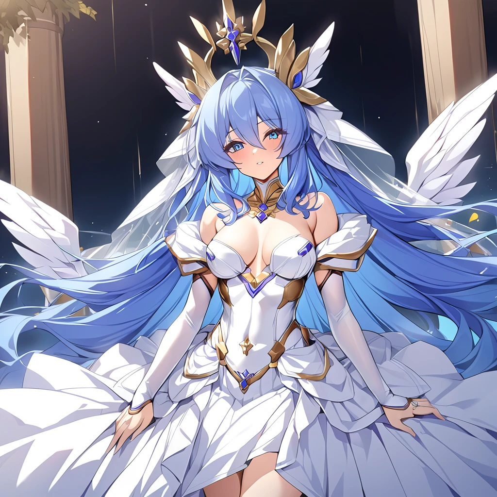 ((Highest quality)), ((masterpiece)), (detailed), （Perfect Face）、Women are angels６Archangel and goddess Extia with wings and a halo on her head.、The woman is the beautiful Queen of the Gods, Goddess Extia, with medium-long blue hair. She is wearing a gorgeous white wedding dress with gold embroidery and trim, a white wedding veil, an engagement ring, and gorgeous accessories. She is an elegant goddess and a beautiful queen of the gods.