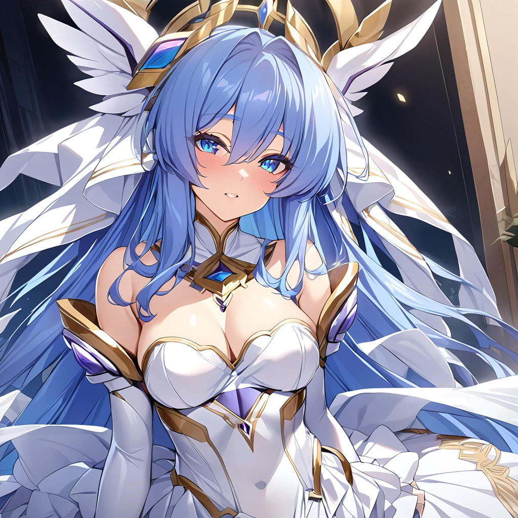 ((Highest quality)), ((masterpiece)), (detailed), (Perfect Face)、Women are angels6Archangel and goddess Extia with wings and a halo on her head.、The woman is the beautiful Queen of the Gods, Goddess Extia, with medium-long blue hair. She is wearing a gorgeous white wedding dress with gold embroidery and trim, a white wedding veil, an engagement ring, and gorgeous accessories. She is an elegant goddess and a beautiful queen of the gods.