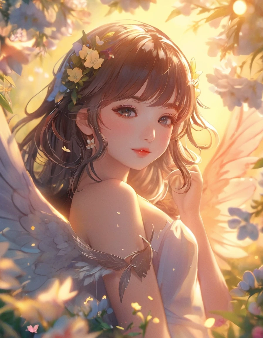 Anime girl with wings and flowers in her hair, Detailed digital anime art, anime art wallpaper 4k, anime art wallpaper 4k, Anime Style 4k, Gwaiz on pixiv artstation, Anime Art Wallpapers 8K, 8K high quality, detailed art, Gwaiz, Gwaiz on artstation pixiv