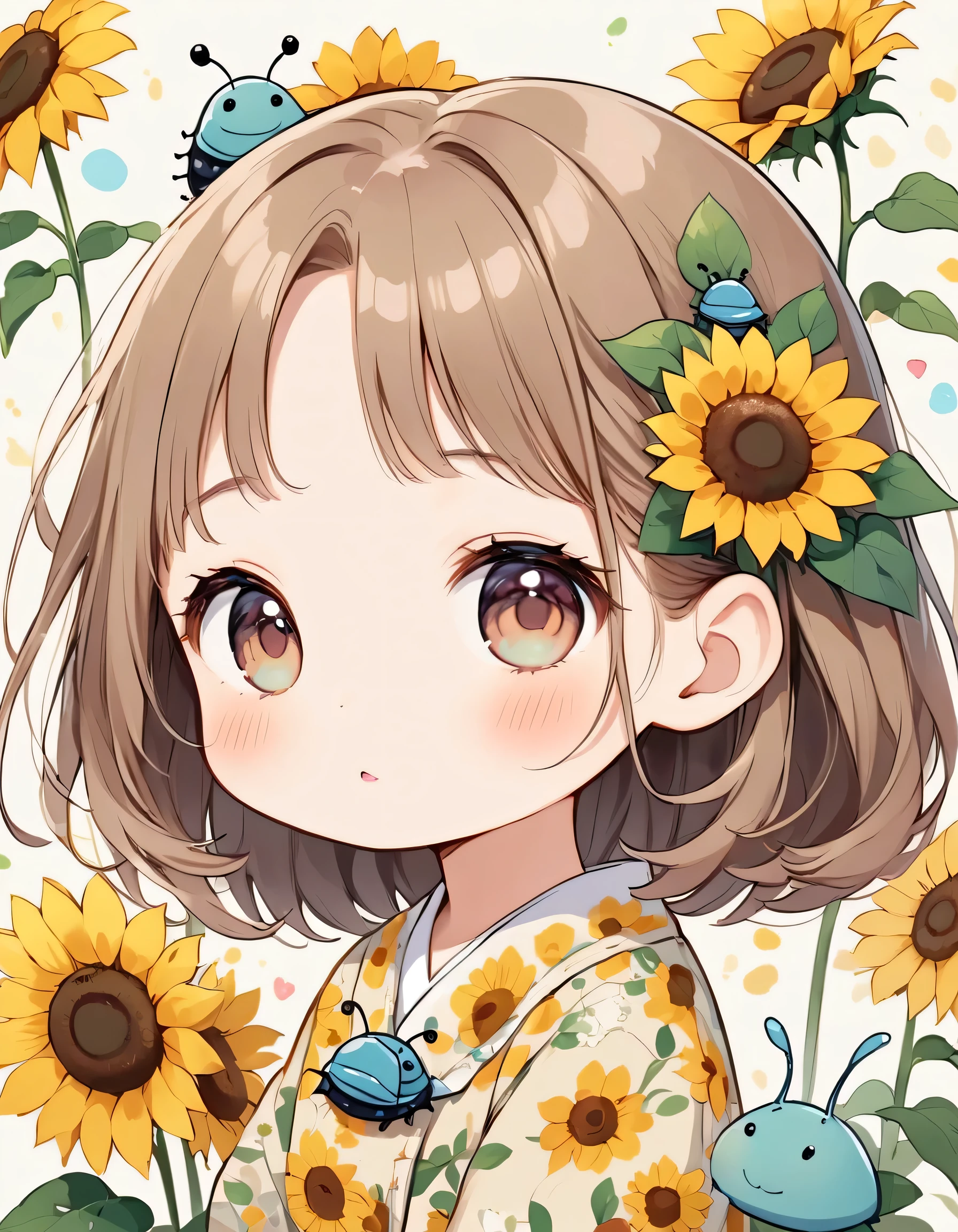 hayao miyazaki style, Kawaii Design, The most beautiful girl of all time、chibi, (((Cute pillbug))), sunflowers