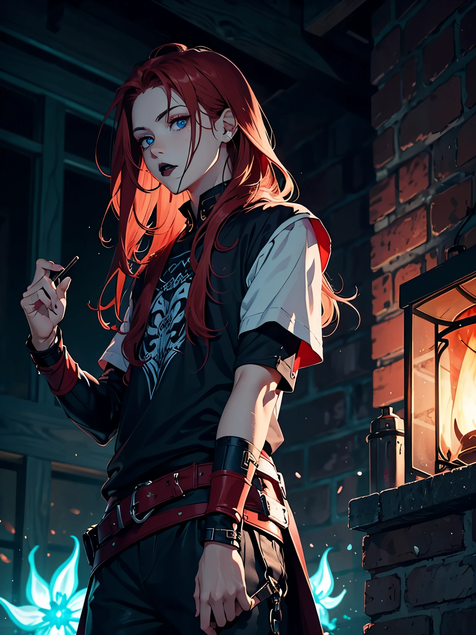 Hot. Black Lipstick. With mohnblume. More anime. 2d. Glow. Red hair. More anime. male. Long hair. long red hair. boy, vikings. red hair. blue eyes. 火. 