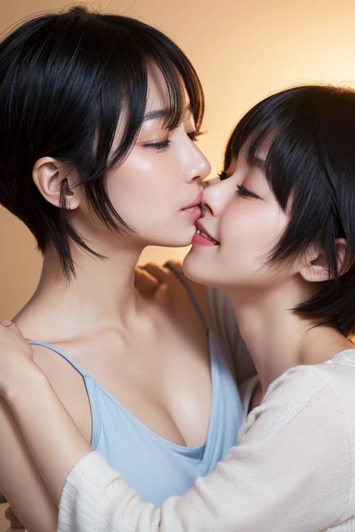 Two lesbians kissing in bed, , , no-bra, pelos pubianos mostrando, Mamas Mostrando, , deitado, estilo pixar