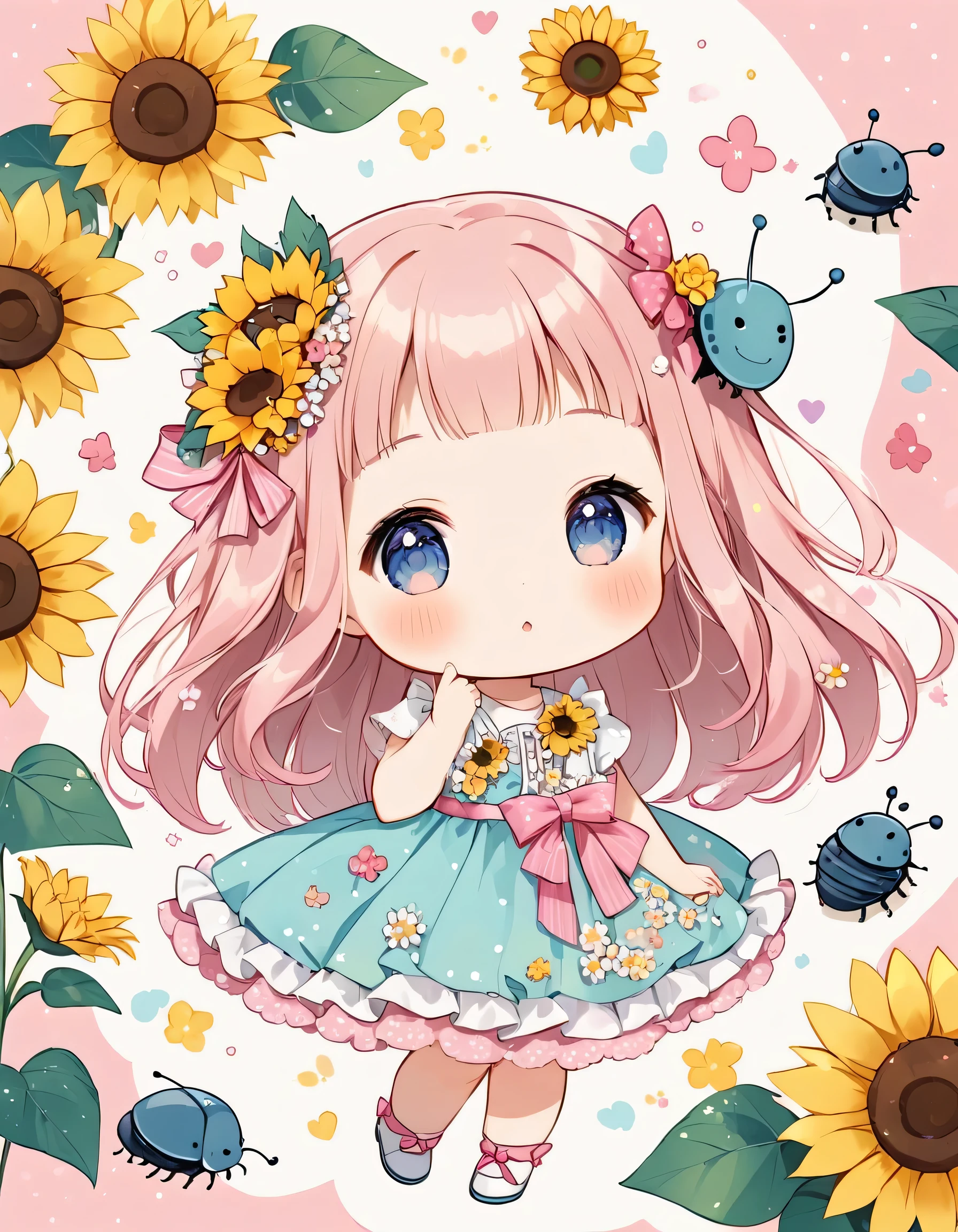 Momoko Sakura style, Kawaii Design, The most beautiful girl of all time、chibi, (((Cute pillbug))), sunflowers