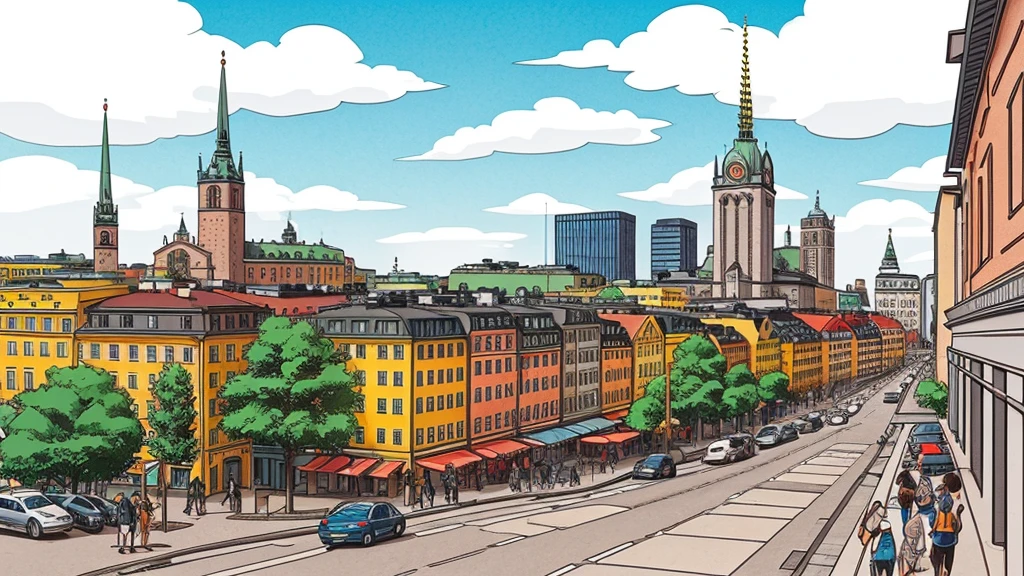 comic style illustration of stockholm as seen from street level. Camera View should be in the middle of the city from a sidewalk.