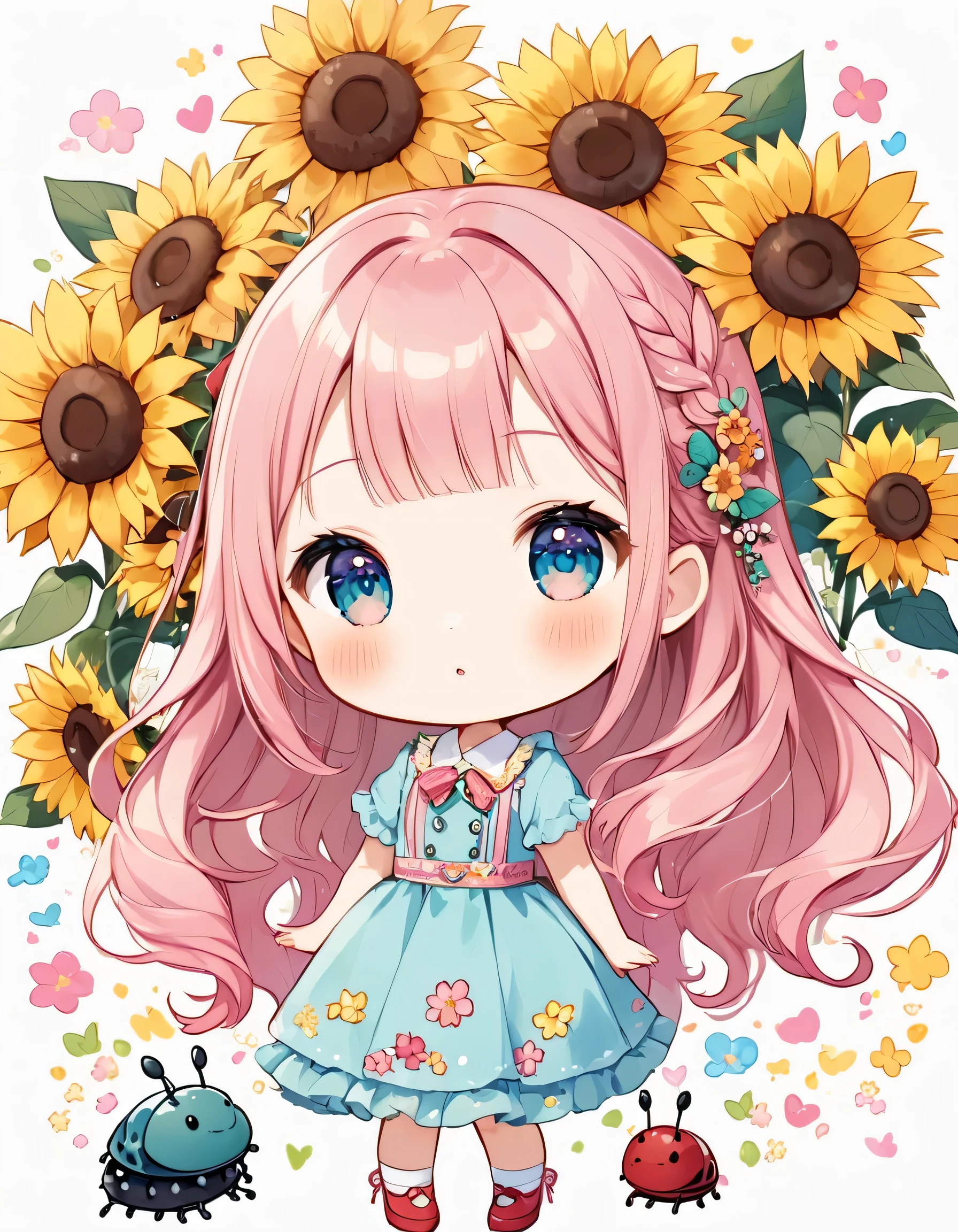 Momoko Sakura style, Kawaii Design, The most beautiful girl of all time、chibi, (((Cute pillbug))), sunflowers