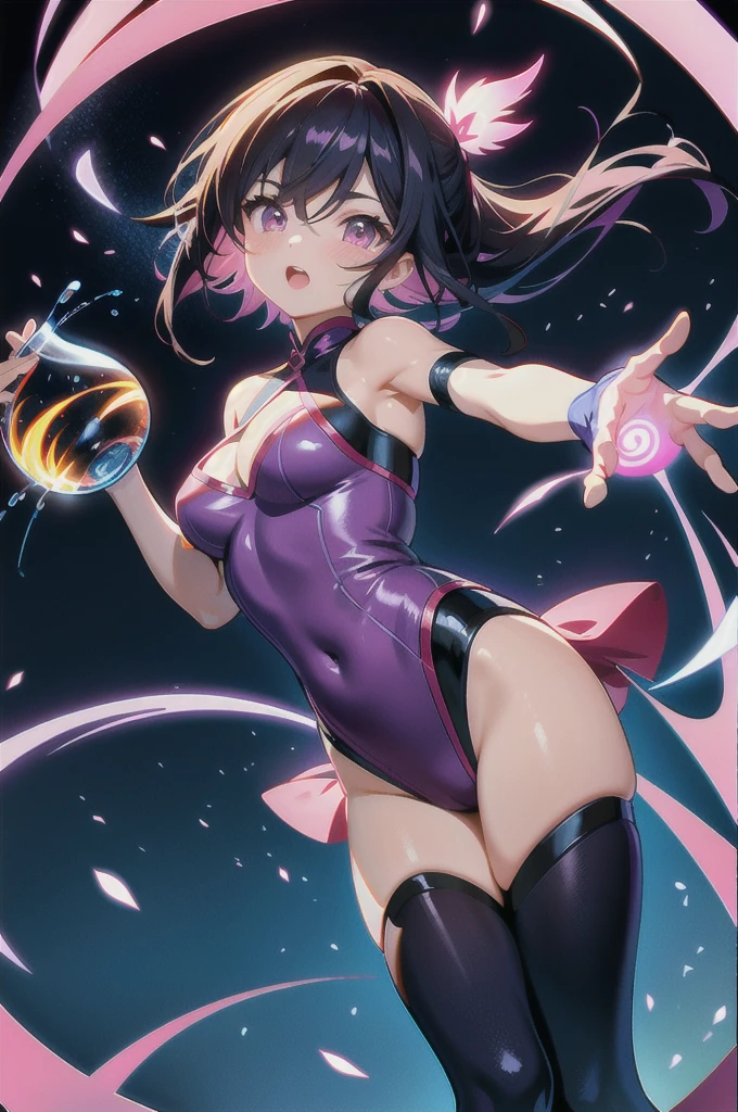 liang xing style a Sakura sexy bright winter clothes holds in her hands a glass vessel with energy eye in it, the folhas negras glow with a magical blue light, an aura of pink neon darck magic, the dark petalas de rosas style, pronounced lines of the design, an atmosphere of mysticism, concept art, soft, sharp focus, illustration, , high definition digital art, dramatic lighting, high quality ,(action pose ),pronounced contour pattern