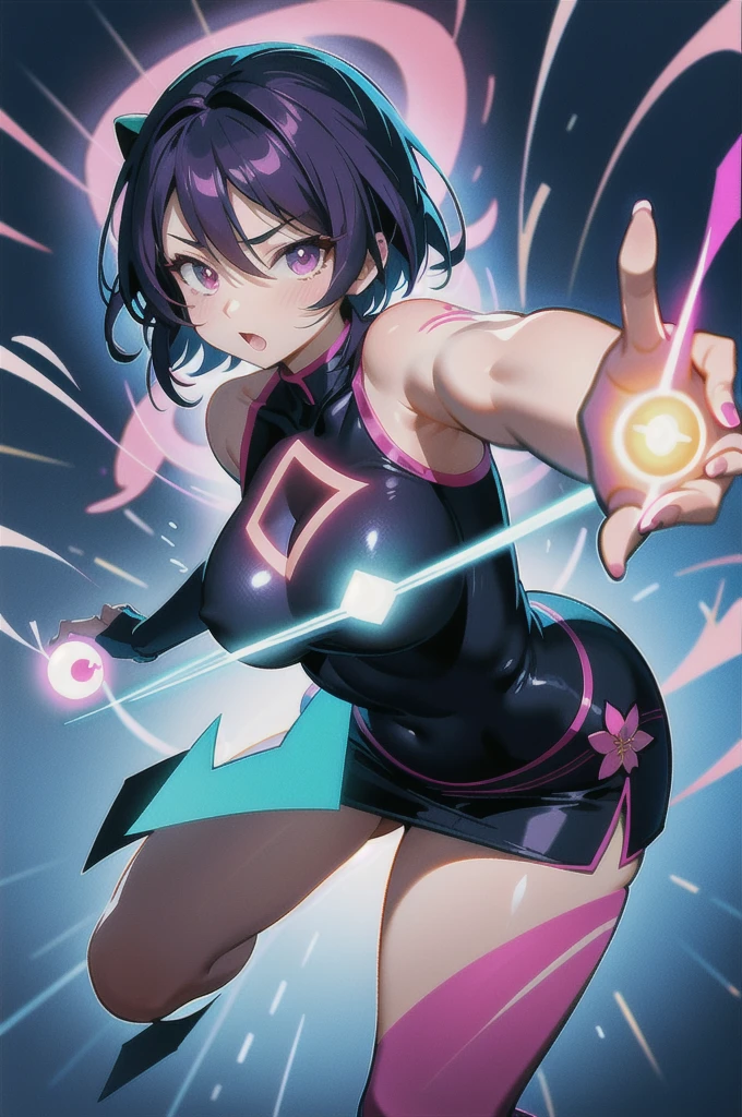 liang xing style a Sakura sexy bright winter clothes holds in her hands a glass vessel with energy eye in it, the folhas negras glow with a magical blue light, an aura of pink neon darck magic, the dark petalas de rosas style, pronounced lines of the design, an atmosphere of mysticism, concept art, soft, sharp focus, illustration, , high definition digital art, dramatic lighting, high quality ,(action pose ),pronounced contour pattern