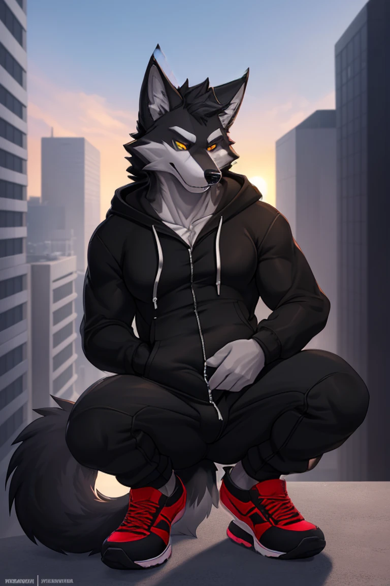 (4k , ultra detailed , flat colored)Furry werewolf , black wolf,Wear a black zip up hoodie,((hoodie is open)) , dark grey pants , open toed shoes , wolf feet , wolf tail , 1tail , tail on waist , malicious grin , blood red eyes , crouching over a building ledge