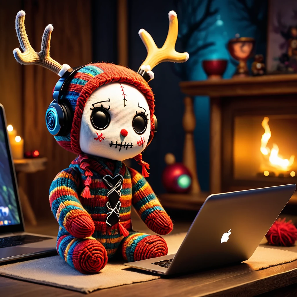 (knitted toy voodoo doll:1.8), (Voodoo Deer Watching YouTube:1.3), (Clothing: cozy casual outfit with magical antler patterns:1.0), (Accessories: enchanted laptop, glowing headphones, mystical mouse:1.2), (background: living room with floating, glowing video thumbnails and soft nature sounds:1.2), best quality, masterpiece, detailed soft oil painting, detailed background, dramatic cinematic lighting, soft edge lighting, professional, dramatic lighting, hard edge lighting, ultra quality, 4k, masterpiece, best quality, 8k, ultra high definition, high resolution, extremely detailed