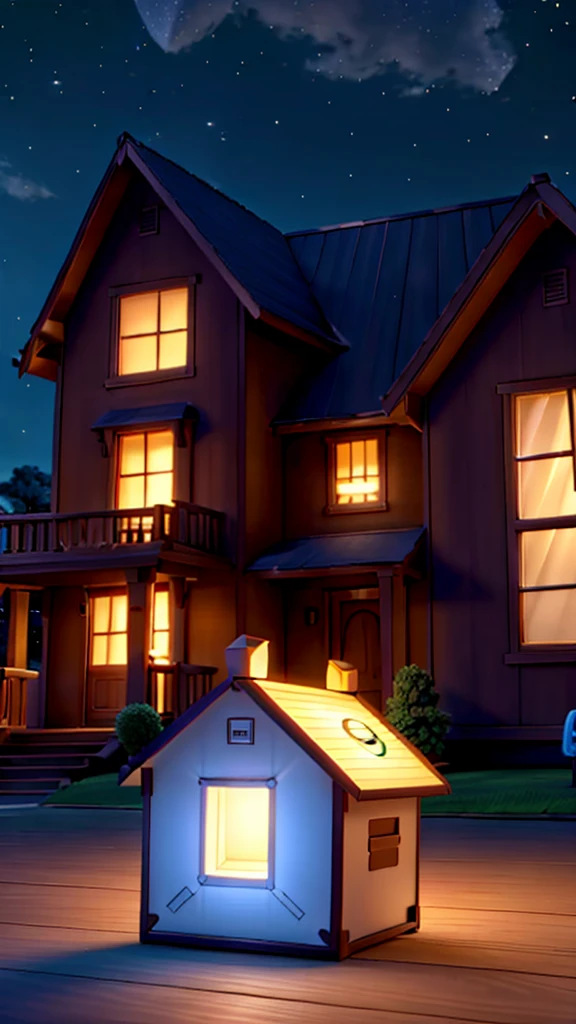 A box from which a light is glowing in the night scene from a house realistic picture cartoon 3D Disney cartoon HD 8k quality