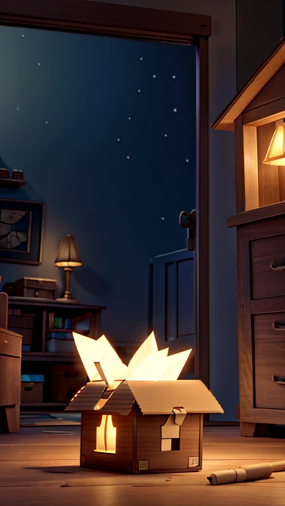 A box from which a light is glowing in the night scene from a house realistic picture cartoon 3D Disney cartoon HD 8k quality