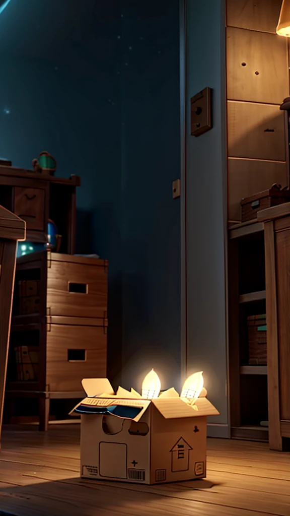 A box from which a light is glowing in the night scene from a house realistic picture cartoon 3D Disney cartoon HD 8k quality