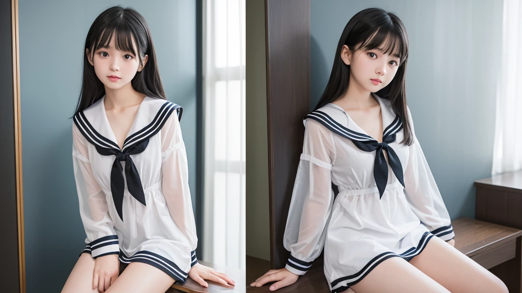 Highest quality,Black Hair,Shoulder-length hair,Big Breasts,Height: 120cm,Sheer sailor suit,Japanese,Narrow waist,Super Baby Face,naked,Small Face,14 years old,low length,,whole body,Fully visible,Girls' Room,Big Tits,Thin legs,indoor,Cat ear,On the bed,low length,single eyelid,whole body,Puffy nipples,Nipples,naked,Sheer sailor suit,Cat ear,