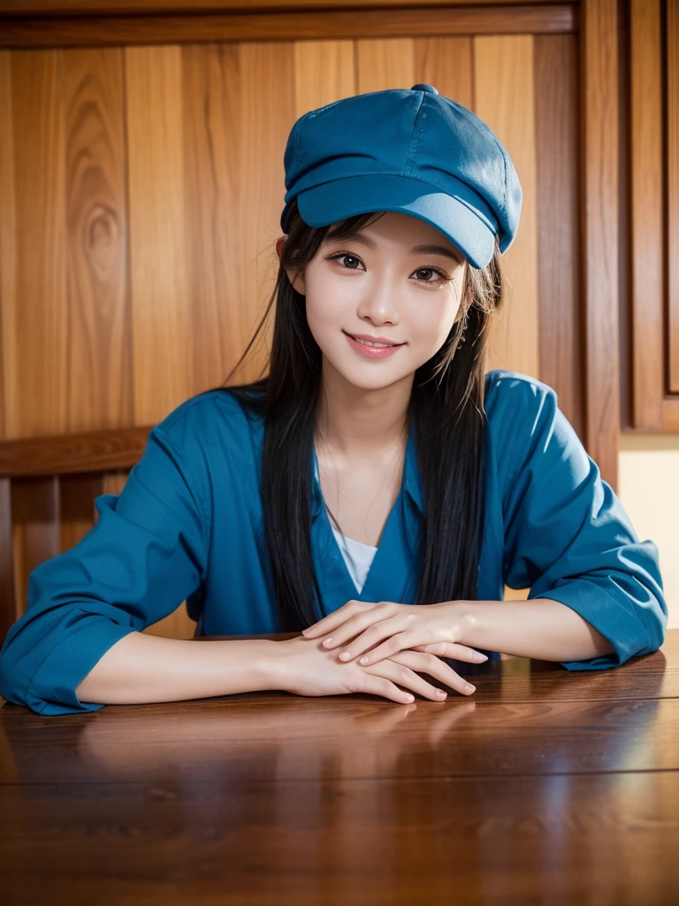 A 30-year-old Chinese female carpenter is making a table out of wood. He is wearing a blue work uniform and a blue hat. The JSP logo is written on hats and clothes. A smiling expression. The furniture material used to make the table should be natural light brown wood, thumbs up. Solid pine wood, indoor background, captured with a digital SLR camera, black hair, aqua eyes, blush, first-person view, UHD, high quality, highres