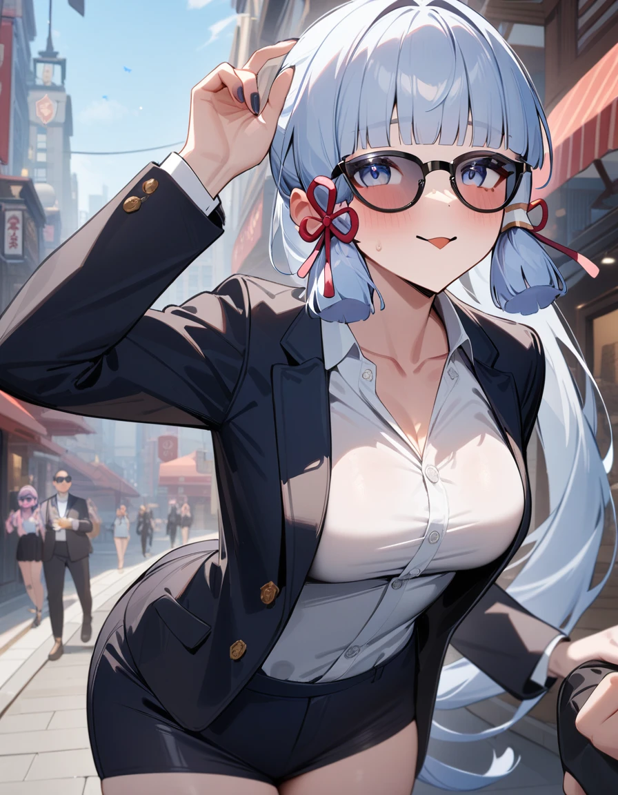 1girl, kamisato ayaka, genshin impact,Secret agent,perfect Sunglasses, suit,cool,city street,masterpiece,very aesthetic,newest,sensitive