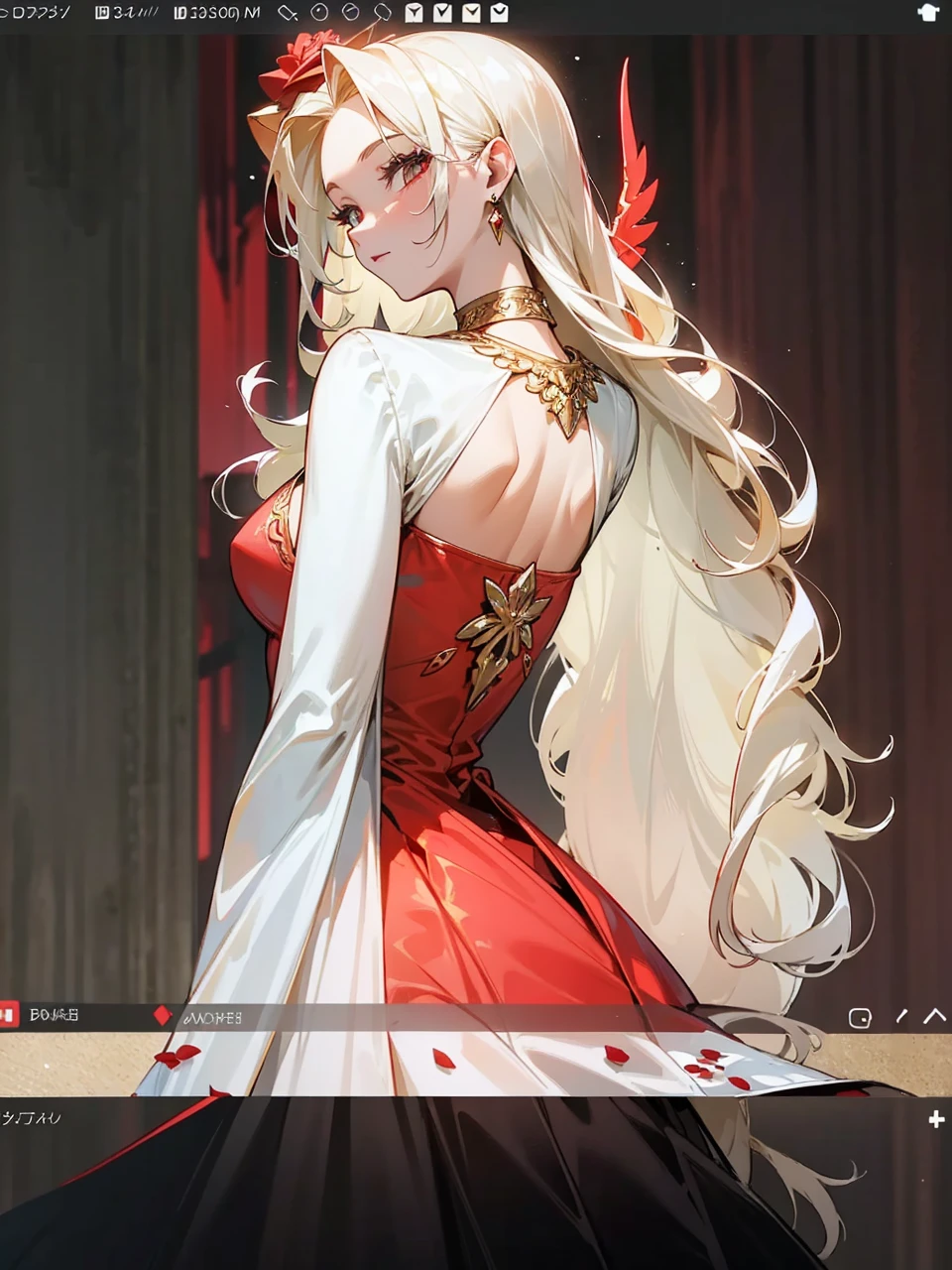 Add in roses to her dress, a good back dress design with some golden jewelry, make her dress into a red and white gown with a hat, give her some unique Jewelry, and make her look somewhat of a demonic angel like appearance to her