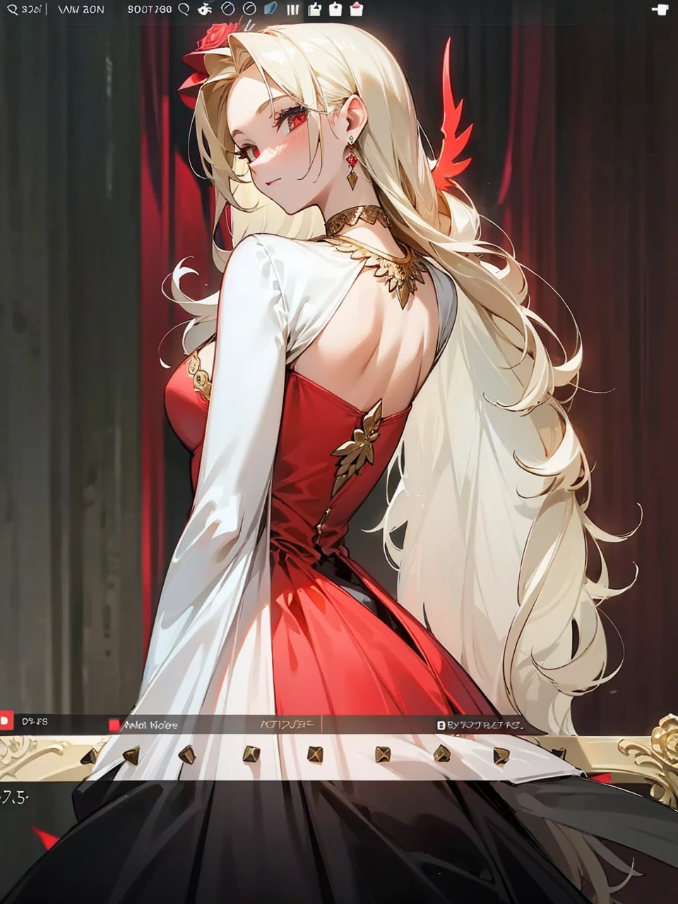 Add in roses to her dress, a good back dress design with some golden jewelry, make her dress into a red and white gown with a hat, give her some unique Jewelry, and make her look somewhat of a demonic angel like appearance to her